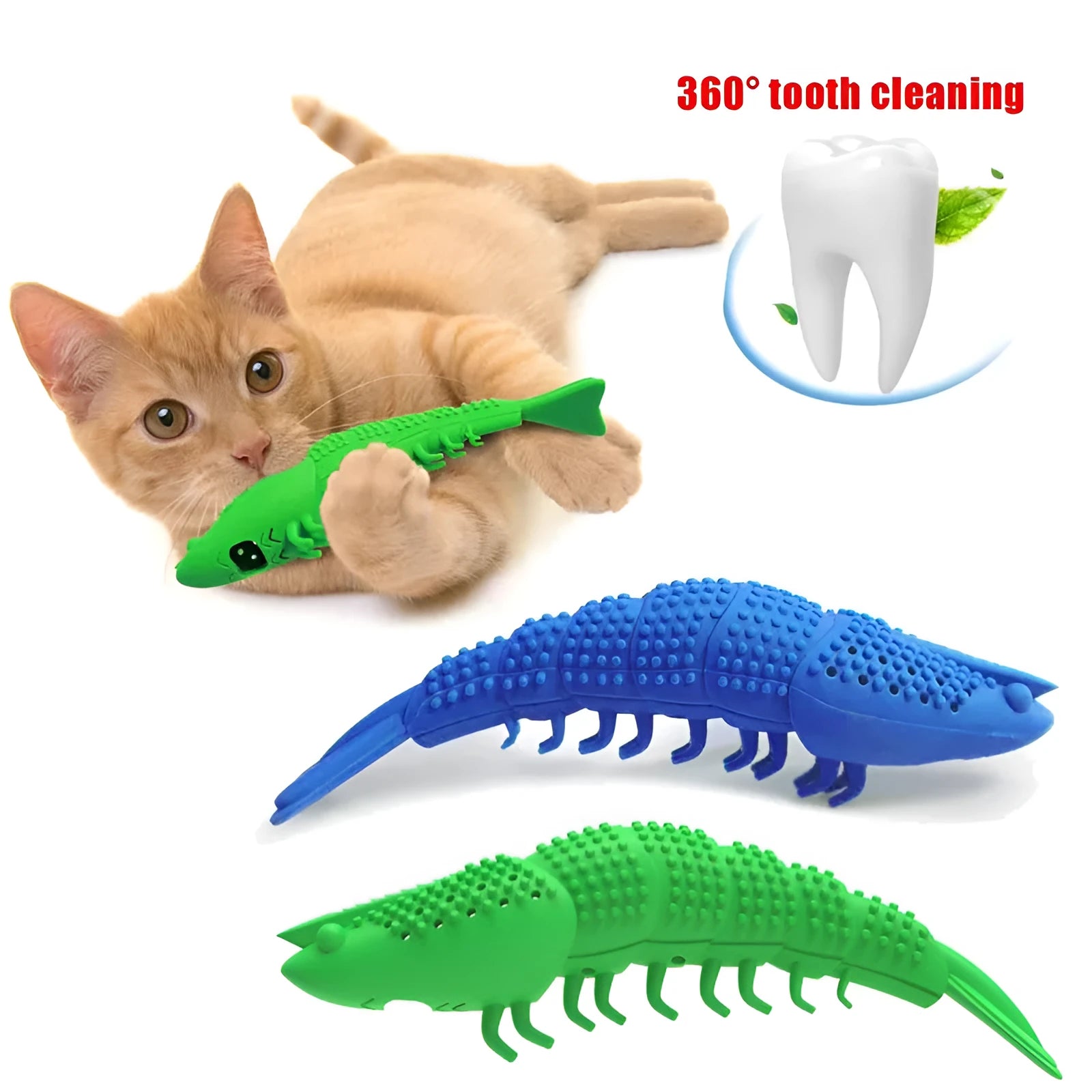 Blue hard rubber catnip toy with 360-degree toothbrush design for dental care and play.