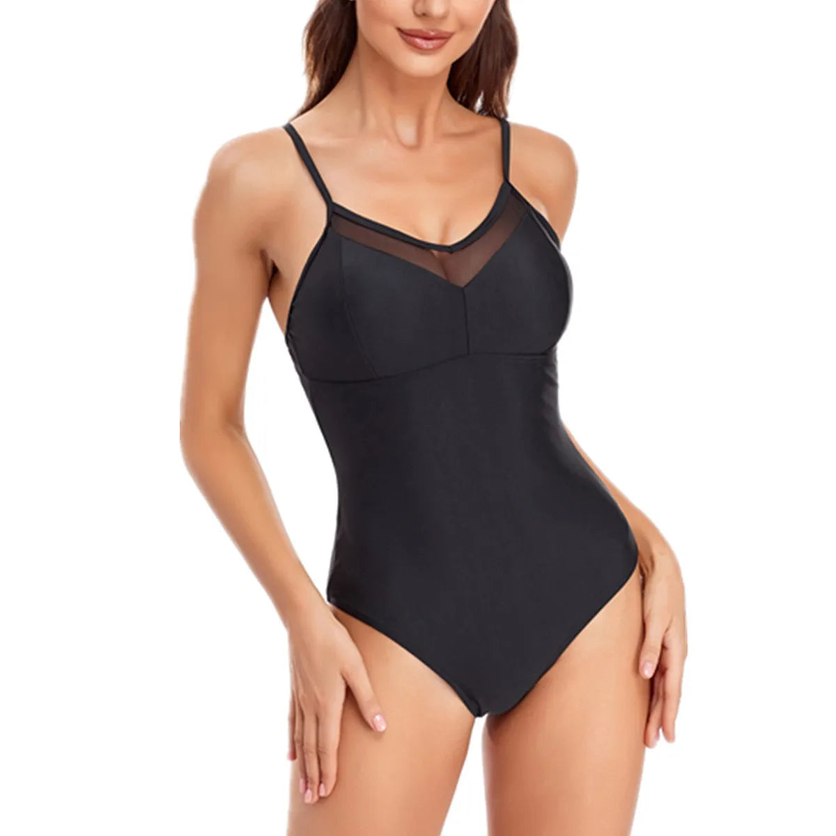Ladies solid color backless one-piece swimsuit in black or blue with high elasticity mesh lining