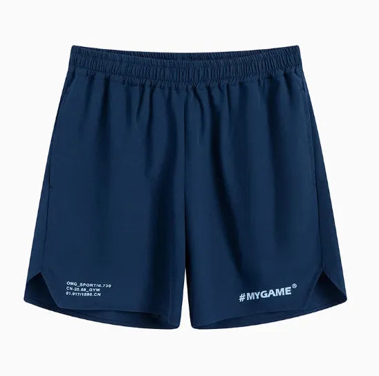 Men's blue training shorts with moisture-wicking fabric on a grey background.