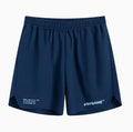 Men's blue training shorts with moisture-wicking fabric on a grey background.