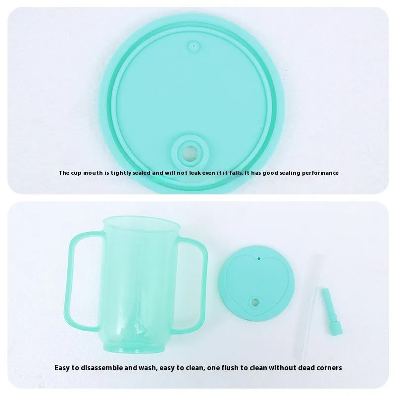 Oblique mouth choke-proof bed care drinking cup with handle and lid for adults.