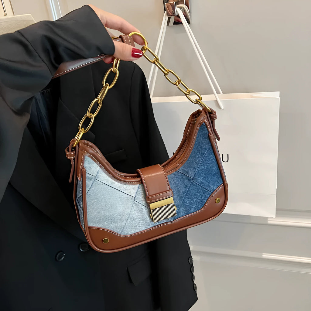 Brown denim women's shoulder bag with diamond chain straps and bucket shape design