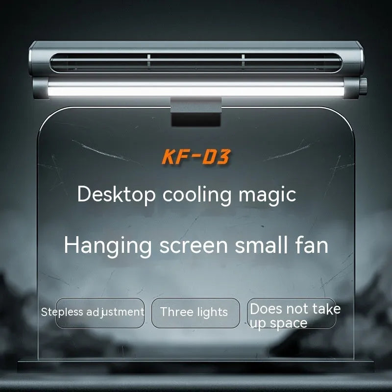 Black USB-powered bladeless clip-on fan with LED light attached to laptop screen