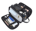 Men's solid colour black PU toiletry bag for travel storage of cosmetics and shaving kits.