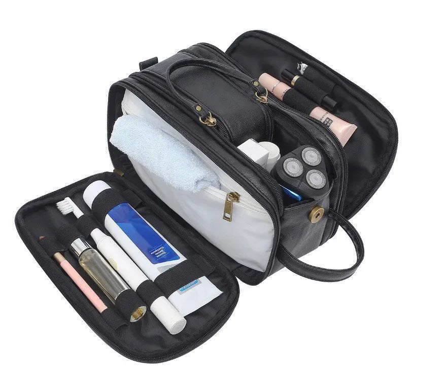 Men's solid colour black PU toiletry bag for travel storage of cosmetics and shaving kits.