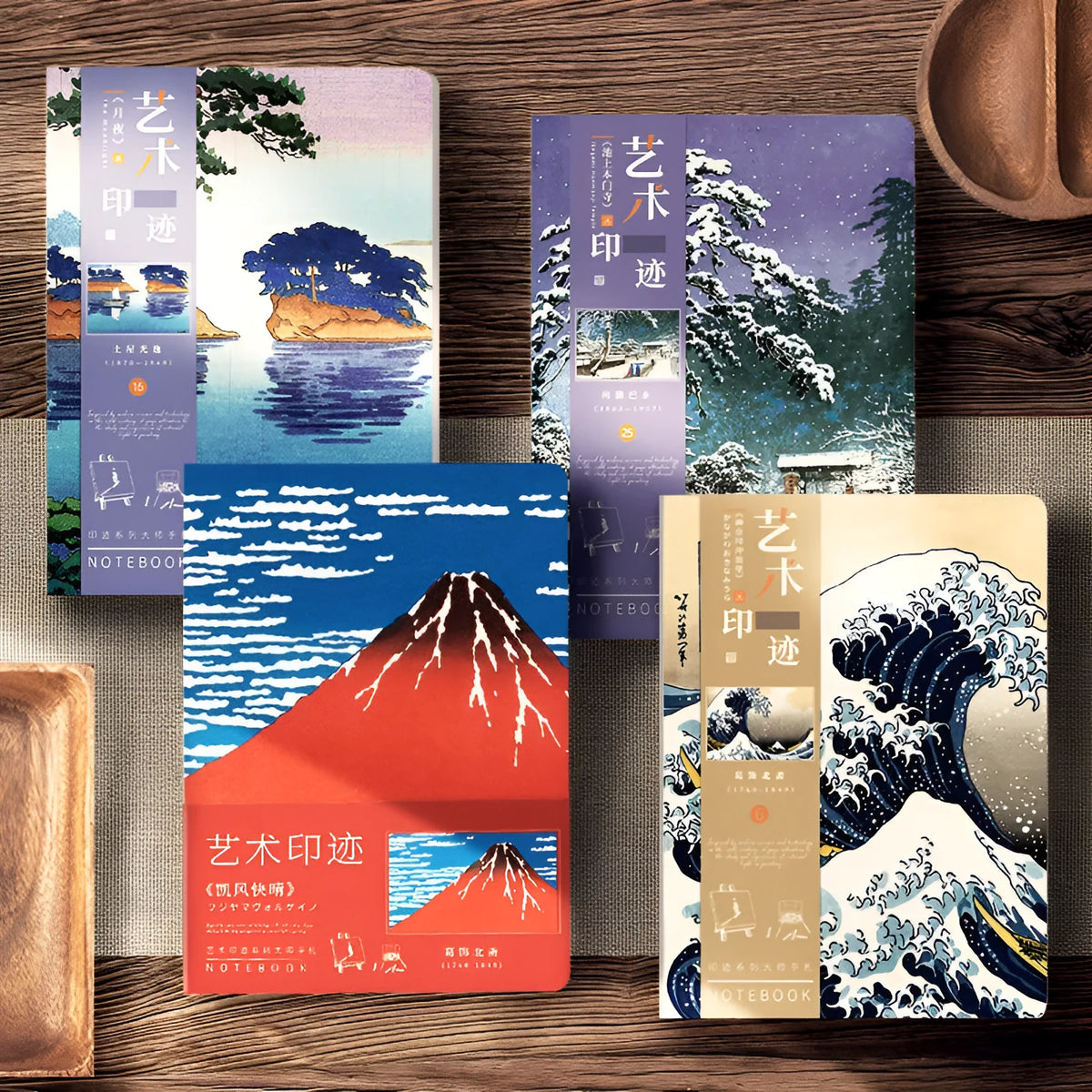 Ukiyo-e series hand ledger notebook showing The Great Wave Off Kanagawa artwork cover, open to show 100g Daolin paper pages