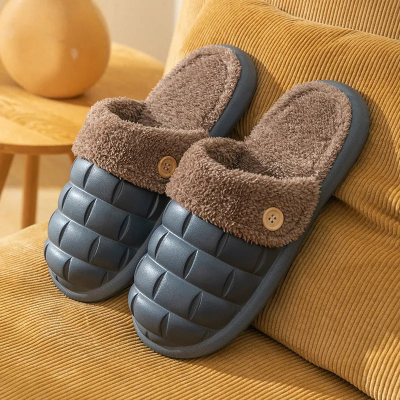 Plaid patterned detachable EVA slippers with plush lining shown in pink, green, yellow, white, grey and black.