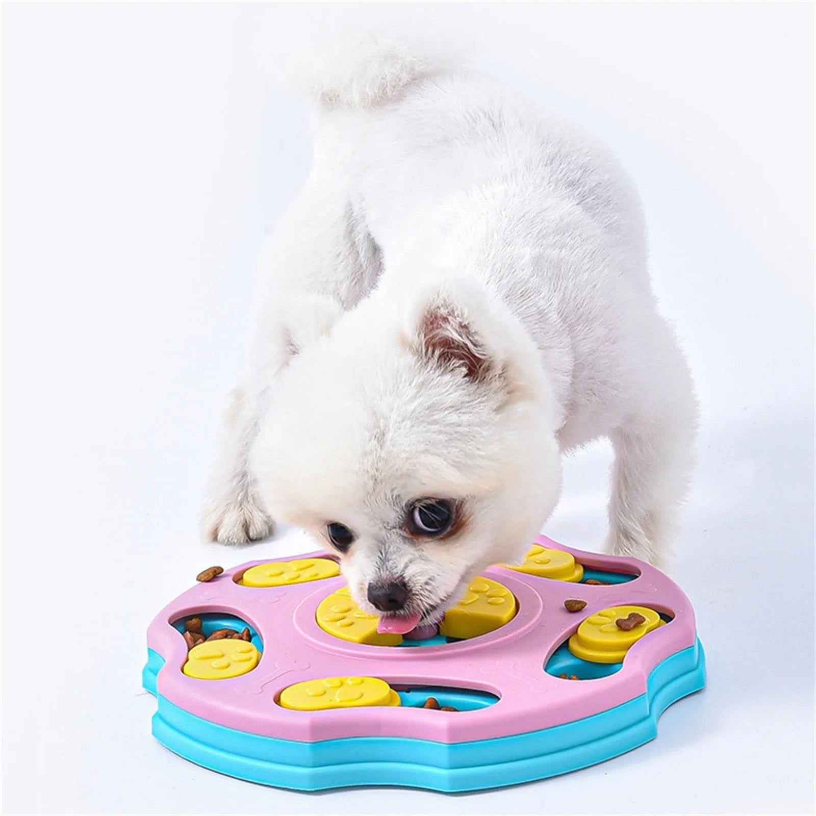 Blue durable plastic dog puzzle toy feeder with interactive food-searching compartments for slow feeding.