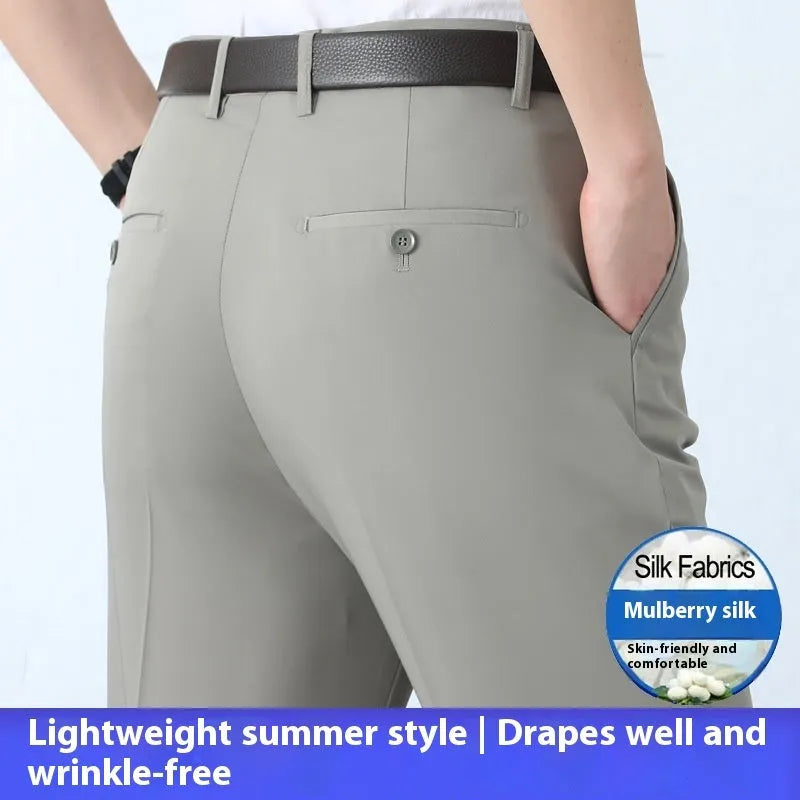 Men's straight-leg business trousers with high waist in mulberry silk fabric available in dark blue, black, and khaki colours
