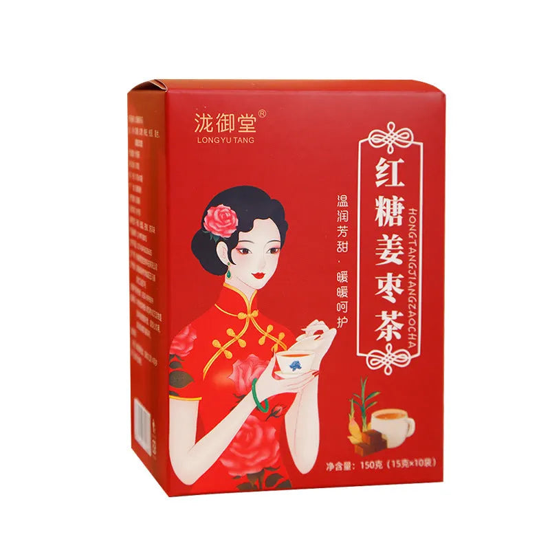 Box of Yuantang brown sugar ginger and red date herbal tea bags, 150g net weight.