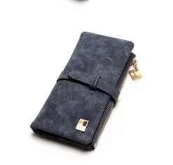 Korean retro matte leather long wallet open showing card slots, phone pocket, and two-fold design