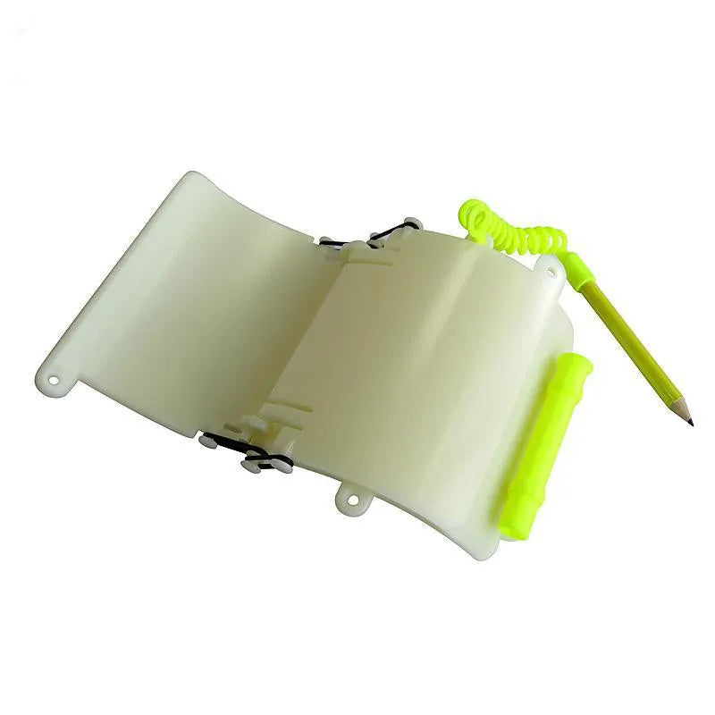 White luminous ABS dive wristboard for underwater handwriting, shown with pencil and O-ring.