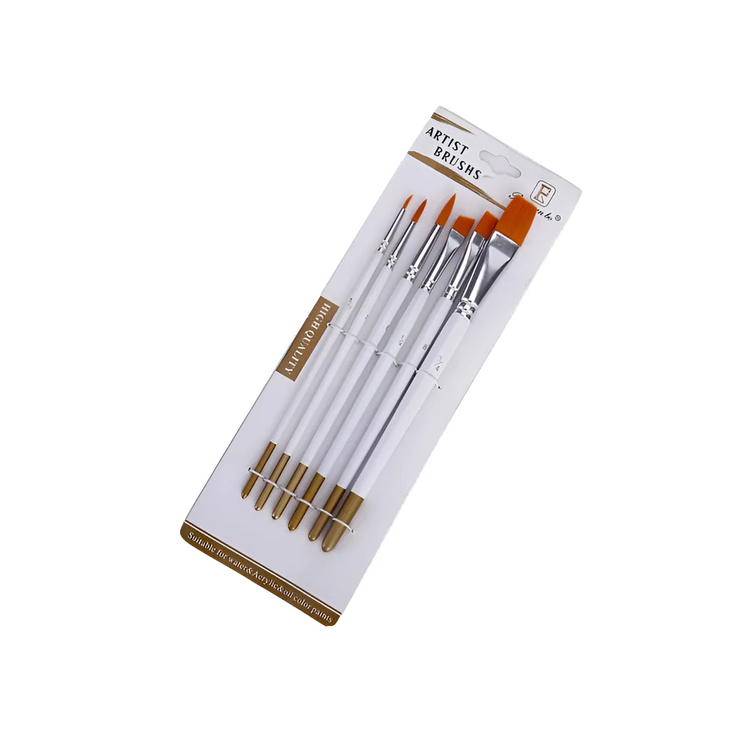 Set of six acrylic watercolour paint brushes with wood handles on a white background.