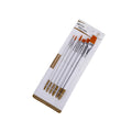 Set of six acrylic watercolour paint brushes with wood handles on a white background.