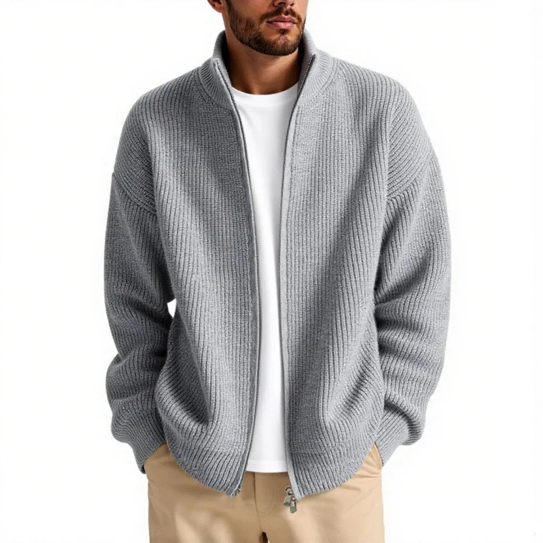 Men's loose grey cardigan sweater coat on a hanger