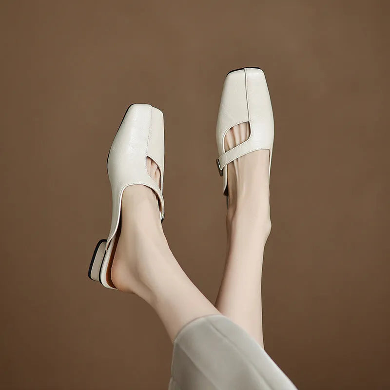 British style square toe outdoor slippers in artificial PU with rubber sole