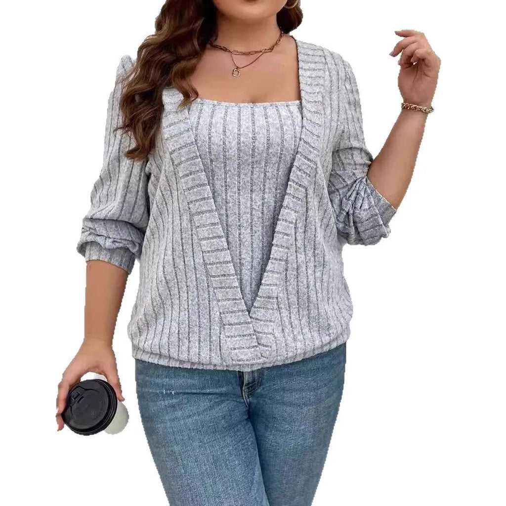 Solid colour rib fabric V-neck false two-piece suit with long sleeves in loose fit