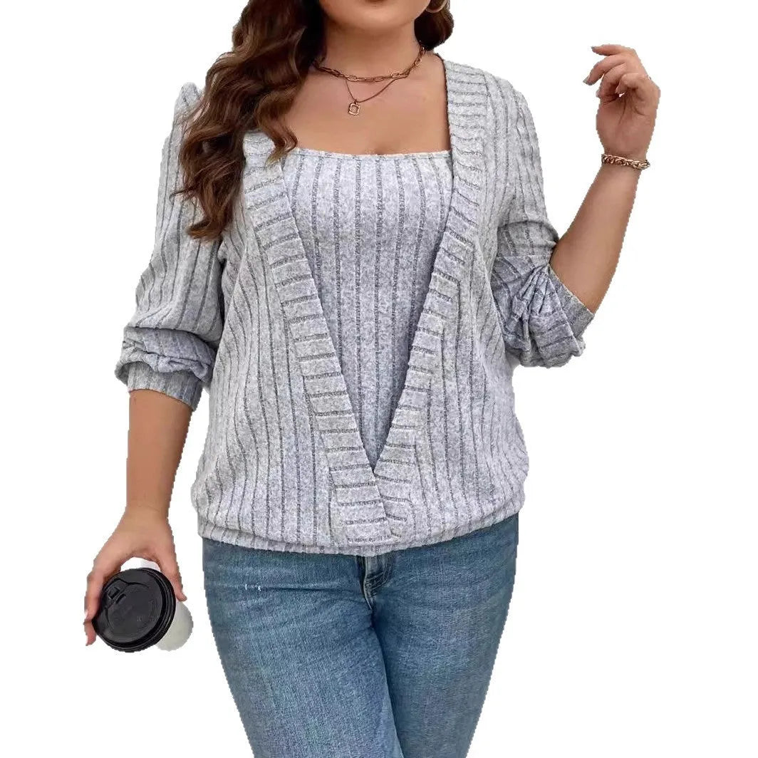 Solid colour rib fabric V-neck false two-piece suit with long sleeves in loose fit