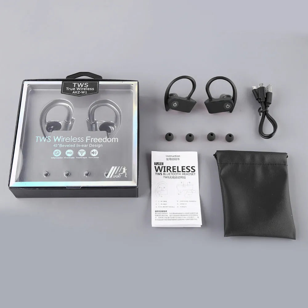 Black wireless Bluetooth V5.0 headphones with ergonomic earpieces and a charging case.