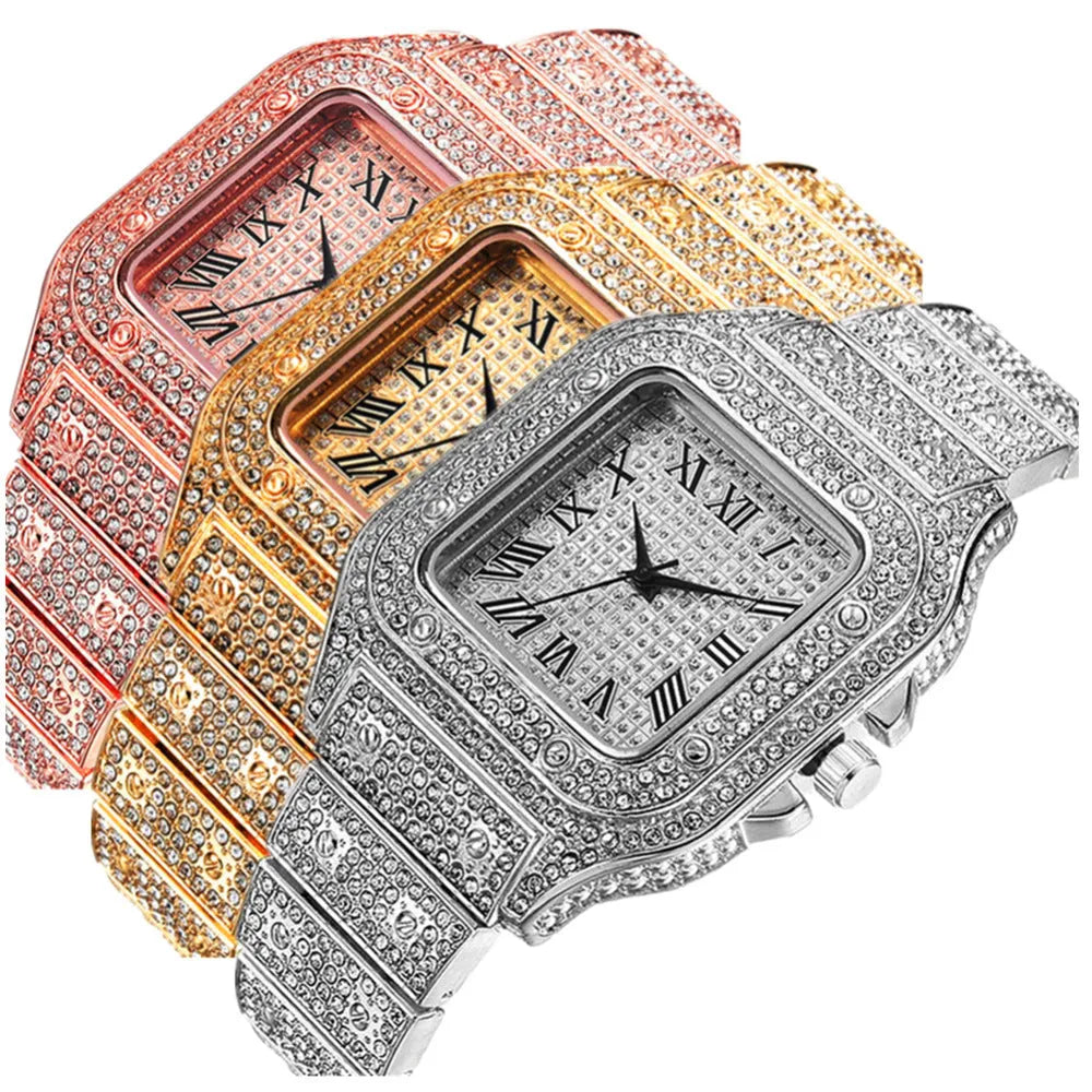 Gold Roman numeral square dial diamond watch with black mesh band, bracelet, and necklace set.