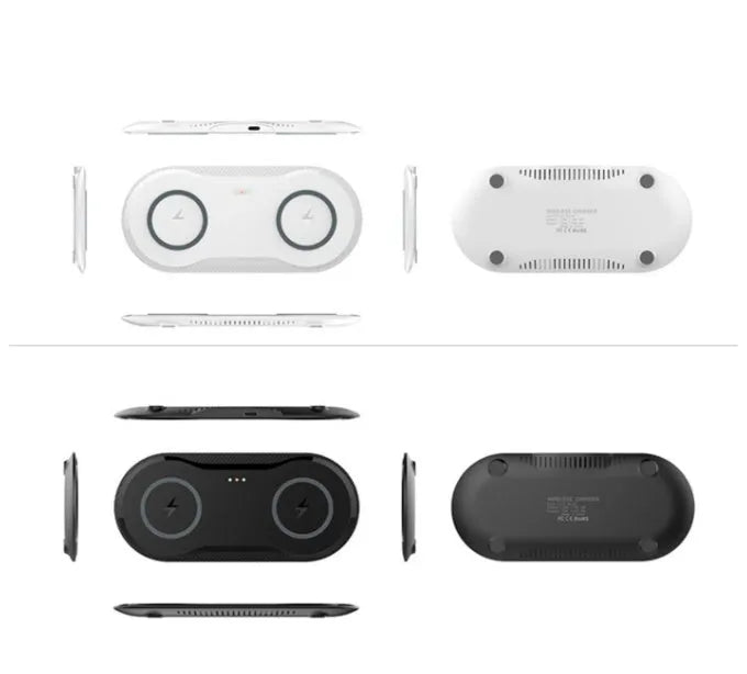 Black and white dual wireless charging pad with two smartphone charging surfaces and anti-slip silicone base