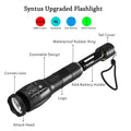 Black aluminium alloy LED zoom flashlight with adjustable focus ring and antiskid texture.