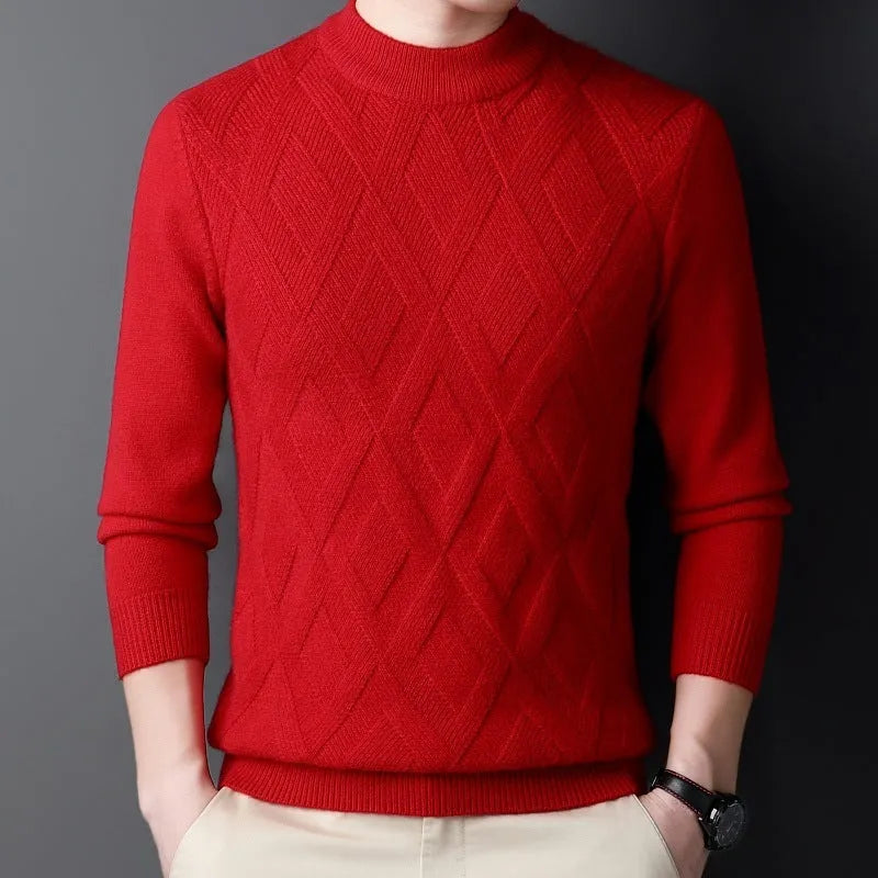 Men's diamond jacquard winter thermal sweater in wool blend fabric shown in light camel colour