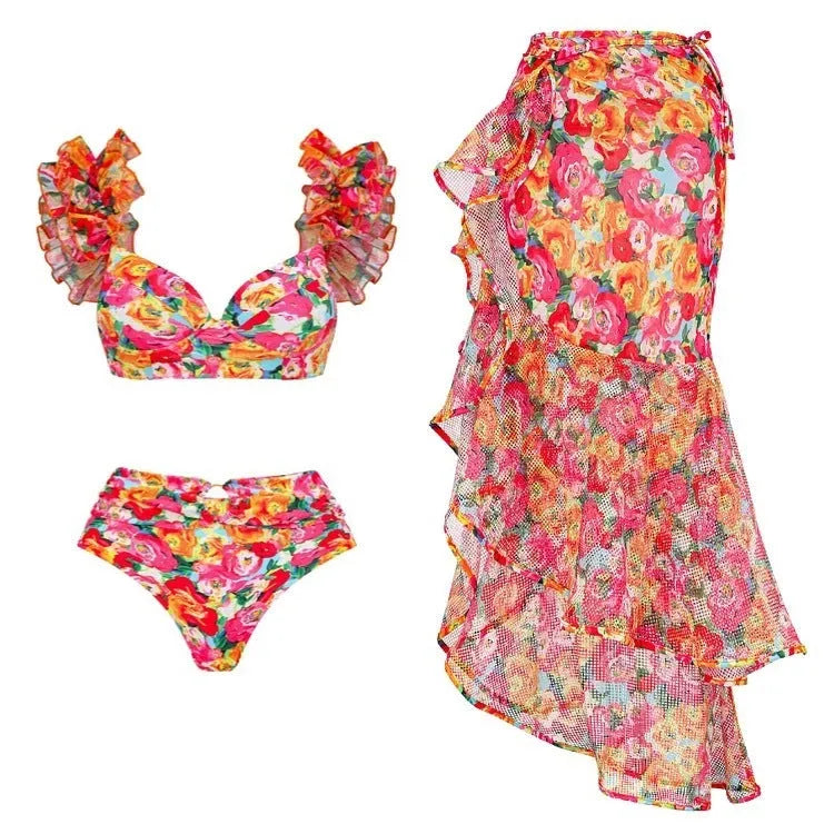Women's floral print push up bikini swimsuit with high waist split design in two-piece set configuration
