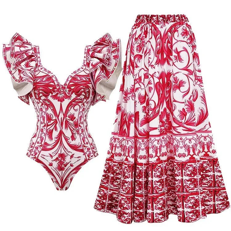 Women's printed one-piece polyester swimsuit in multiple colour options including rose pink, white, and blue variants