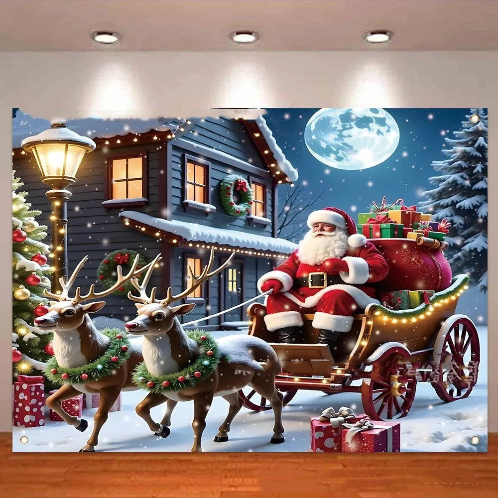 Christmas banner with Santa Claus and gifts scene measuring 210x150 cm