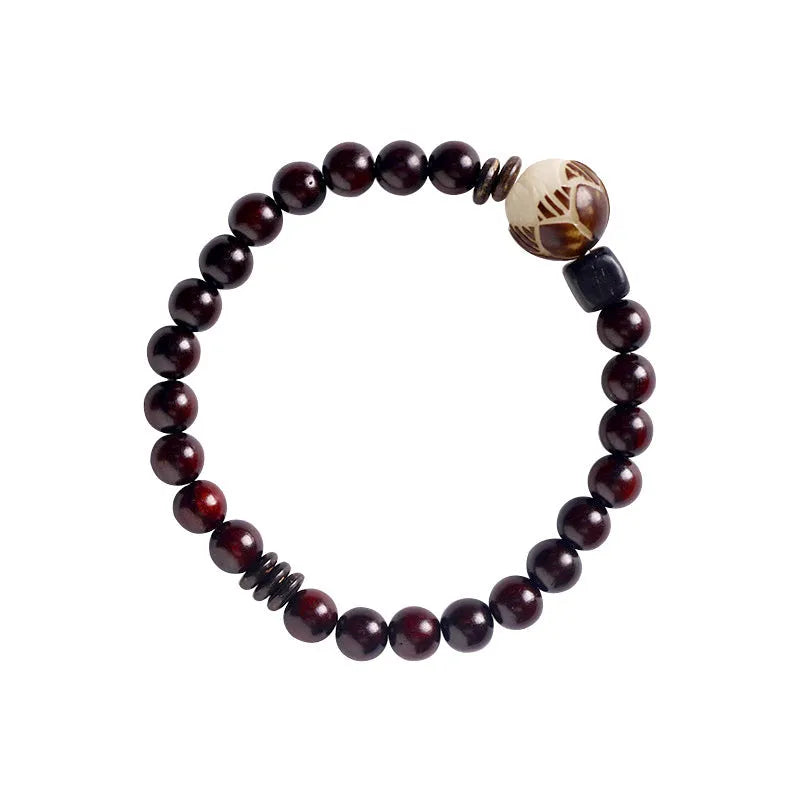 Natural rosewood double-ring bracelet with knitting construction and flower pattern elements