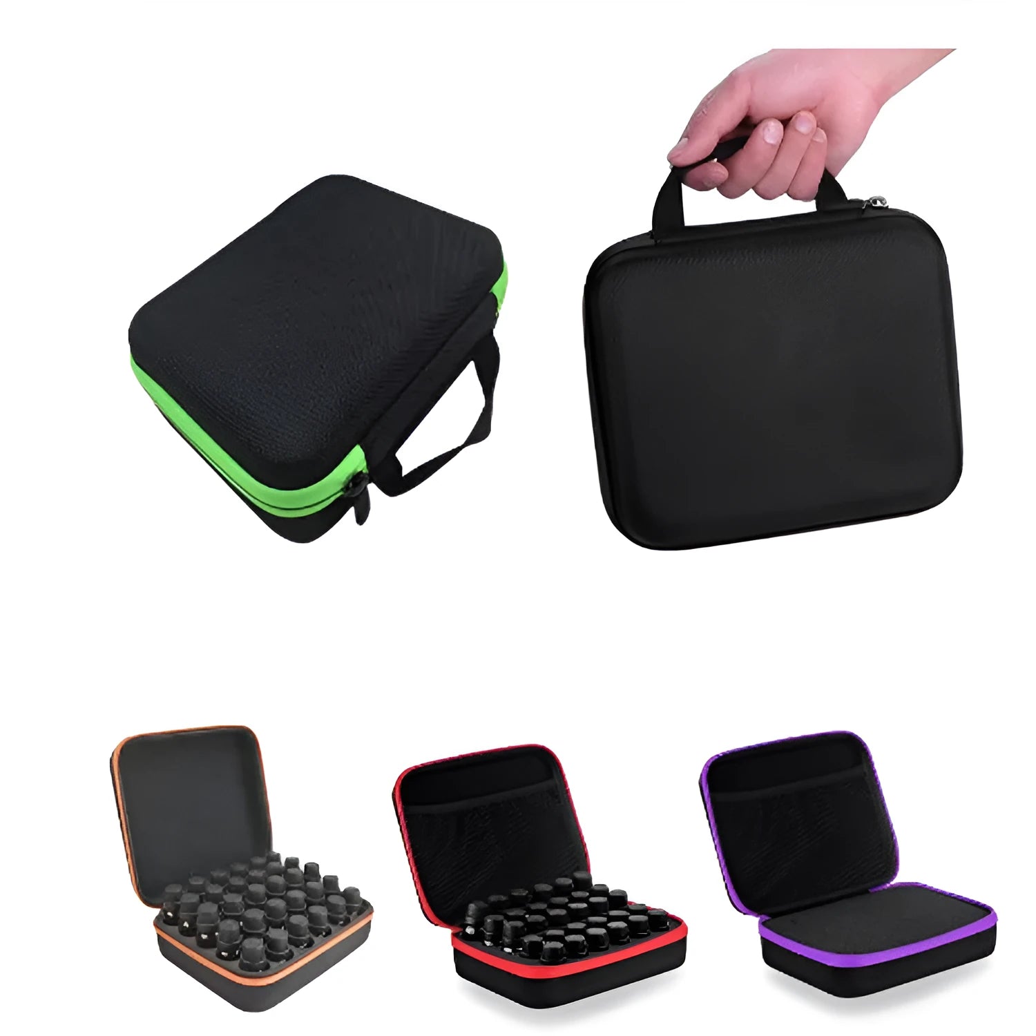 Red EVA cube bag with 30 pockets for 15ml essential oil bottles, shown wall-mounted.