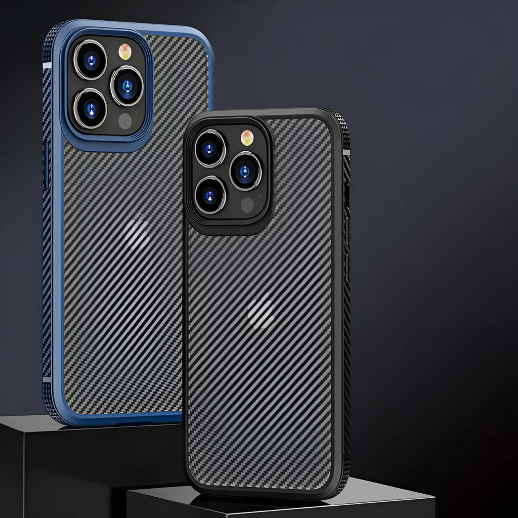 Black and Blue anti-fall protective phone case for Apple iPhone 13 models with carbon fibre pattern.