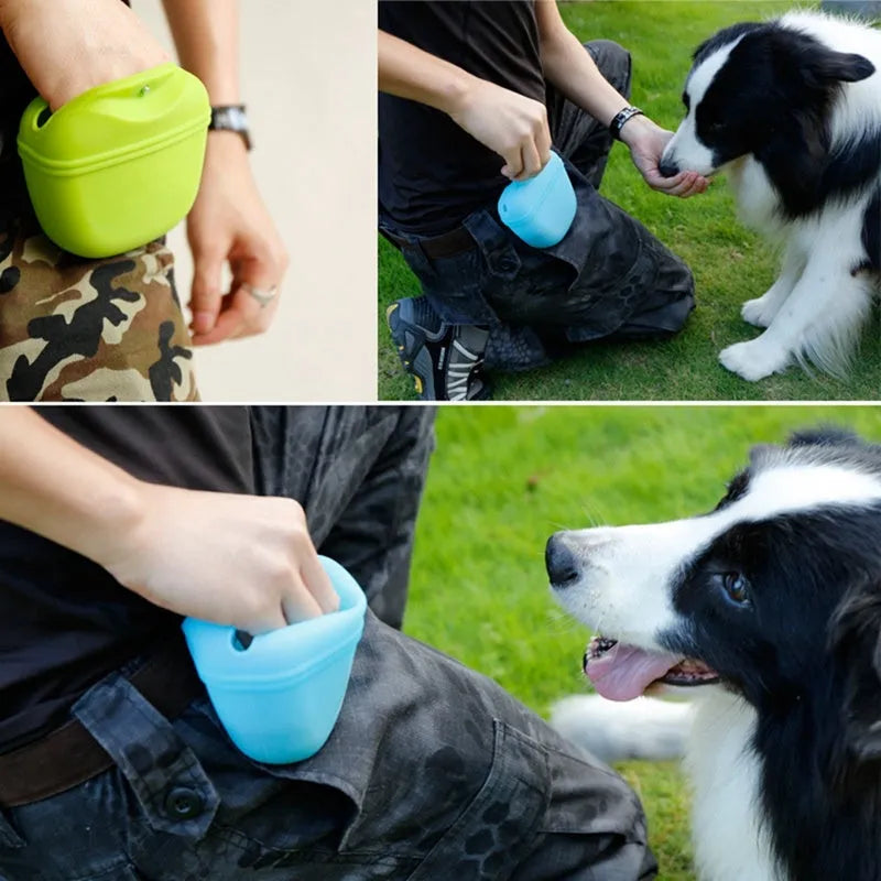 Silicone dog treat waist bag with magnetic closure and belt clip in multiple colour options