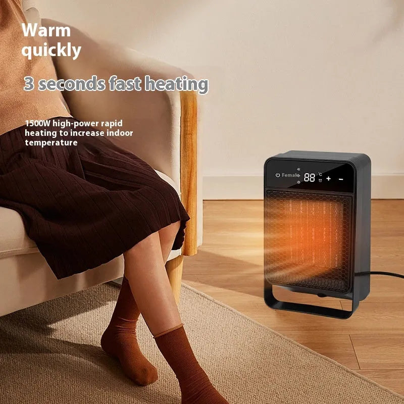 Black desktop electric heater with digital touch screen display and remote control on a wooden desk.
