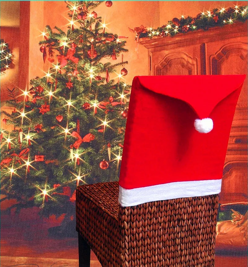 Christmas chair cover set showing Santa Claus, Snowman and Santa Hat designs for dining chairs