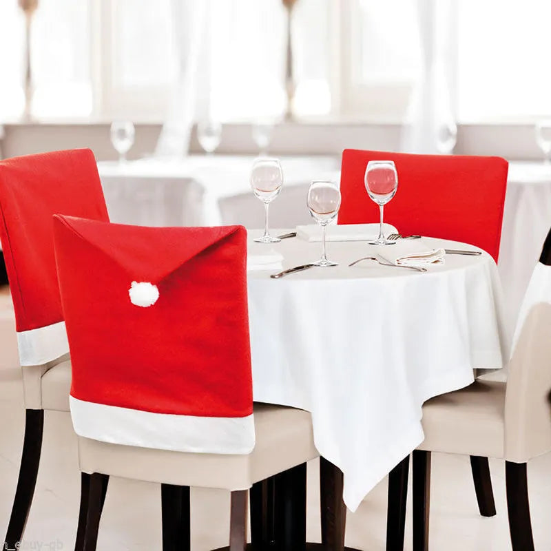 Christmas chair cover set showing Santa Claus, Snowman and Santa Hat designs for dining chairs