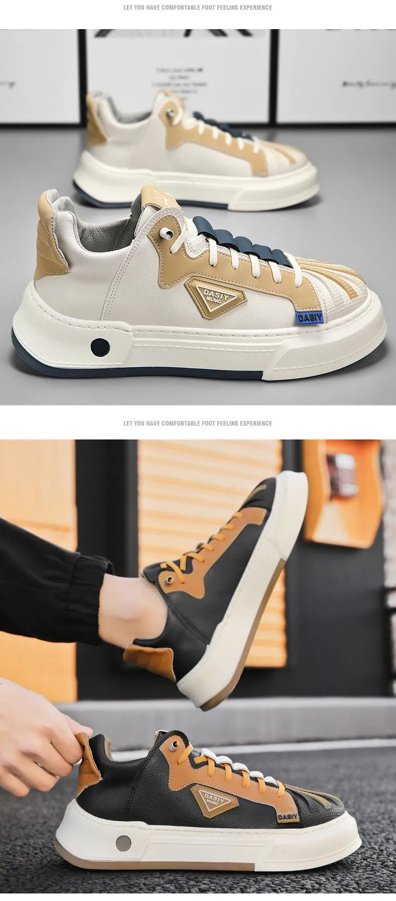 Men's beige and black elastic band casual sneakers with microfiber upper and mesh lining for hiking and leisure activities