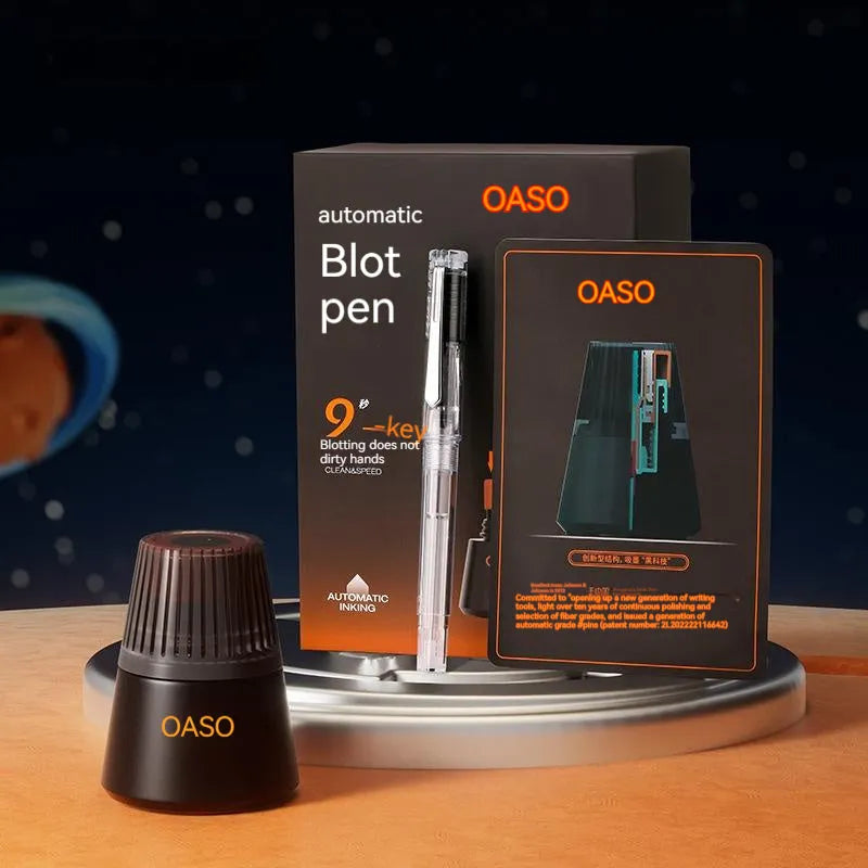 Student automatic suction pen set with 0.5mm and 0.38mm nibs, ink feeder, and handbag on a desk.
