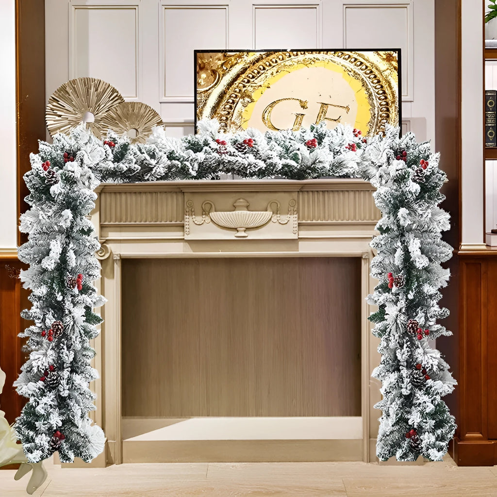 White flocked snow Christmas rattan vine garland draped on a wooden staircase banister.