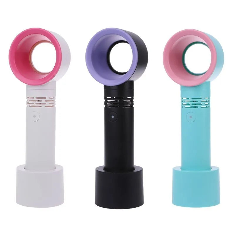 Compact portable bladeless fan in chosen colour on its base, with USB cable for charging.