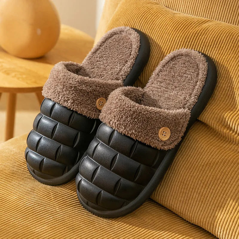 Plaid patterned detachable EVA slippers with plush lining shown in pink, green, yellow, white, grey and black.