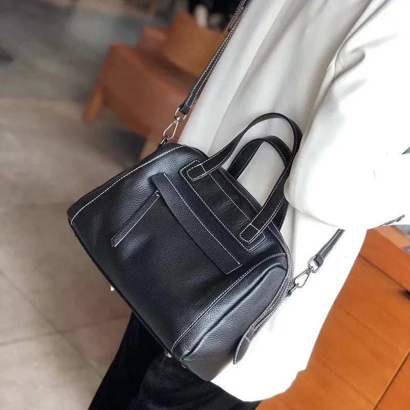 Genuine leather Boston lychee pattern messenger bag in horizontal square shape with shoulder straps