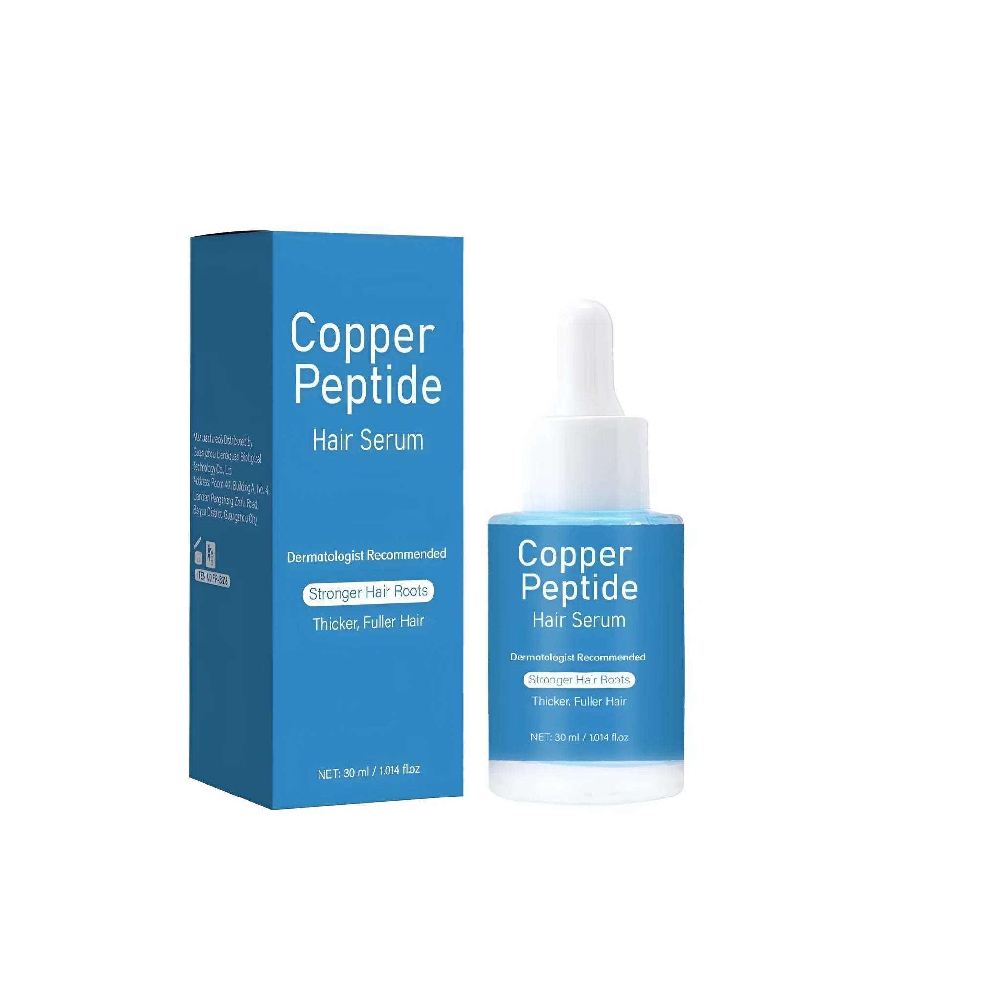 30ml amber glass dropper bottle of copper peptide hair oil on a 38.5mm square base.