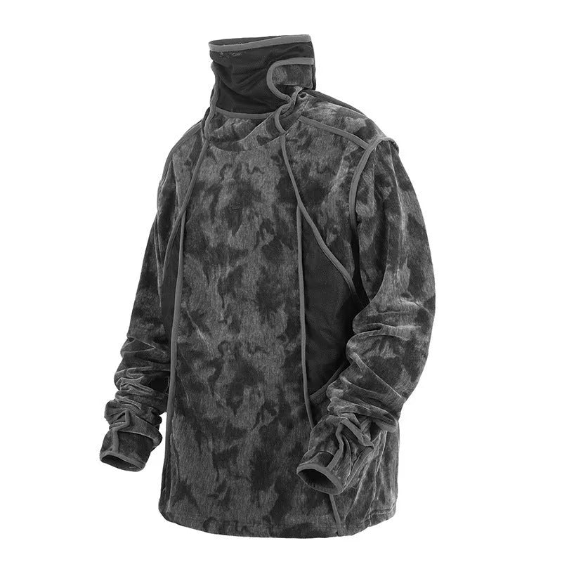 Men's black tie-dye printed sweater with finger turtleneck and drop-shoulder sleeves