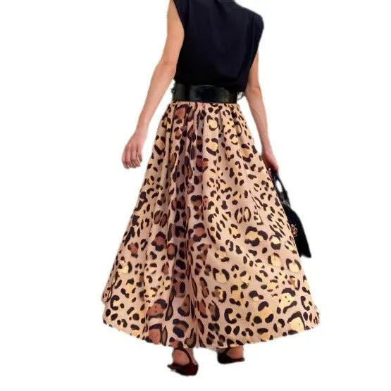 Brown leopard print women's A-line long skirt with big hem in Asian sizes