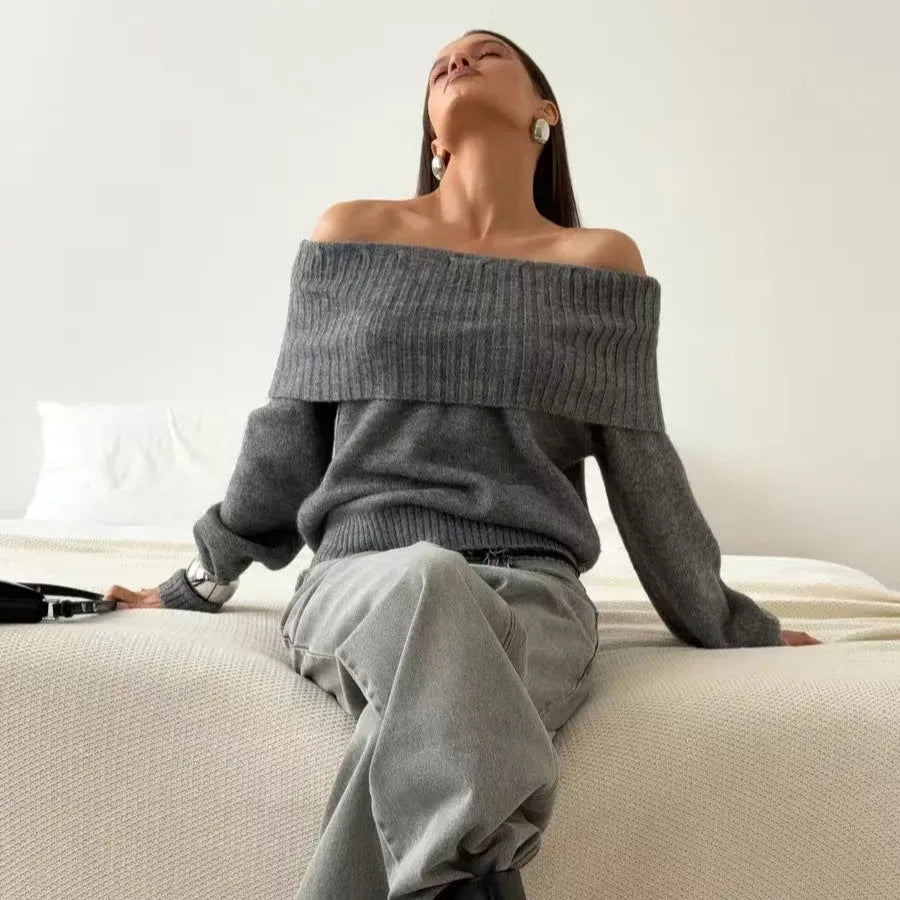 Grey off-the-shoulder sweater with 3D pattern, regular sleeves, and strapless neckline