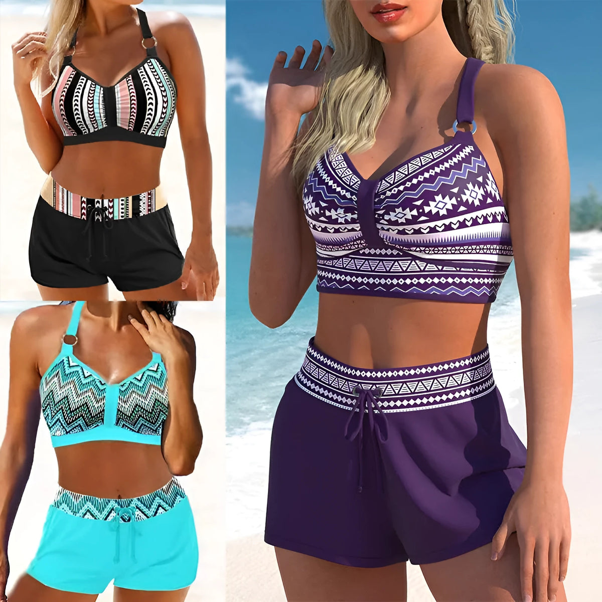 Women's navy blue and print patterned two-piece polyester blend bikini for hot springs.