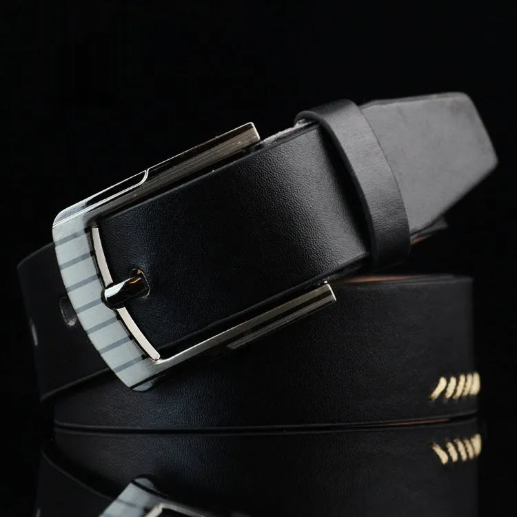 Men's threading pattern belt in black colour with alloy pin buckle fastening showing retro design detail