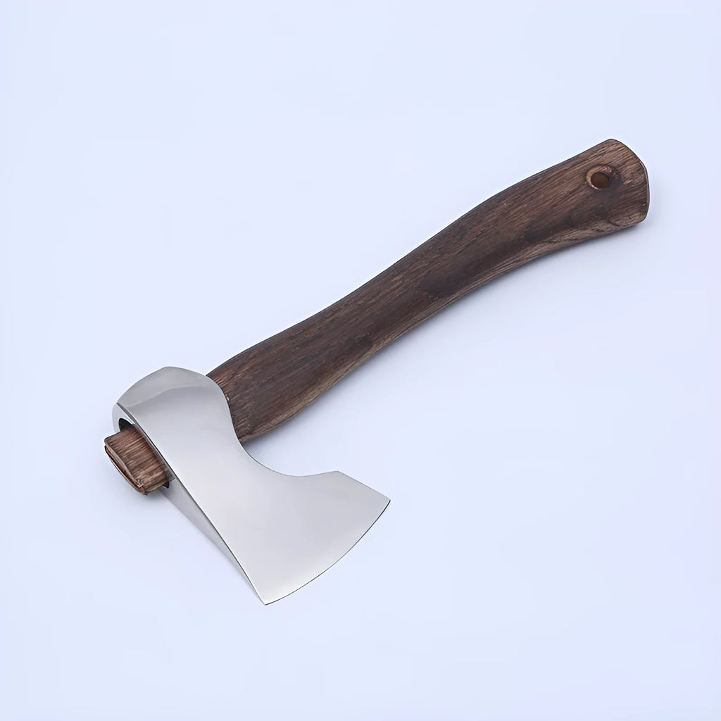Camping axe with wooden handle and high carbon steel blade on a neutral background.